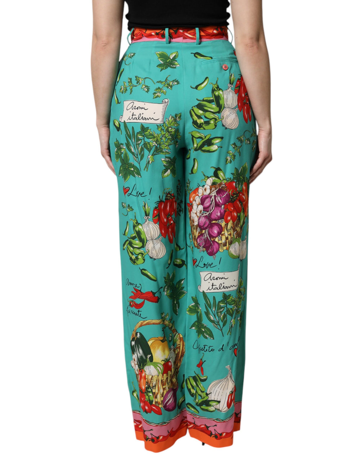 Dolce & Gabbana Grüne High-Waist Seidenhose mit Gemüseprint