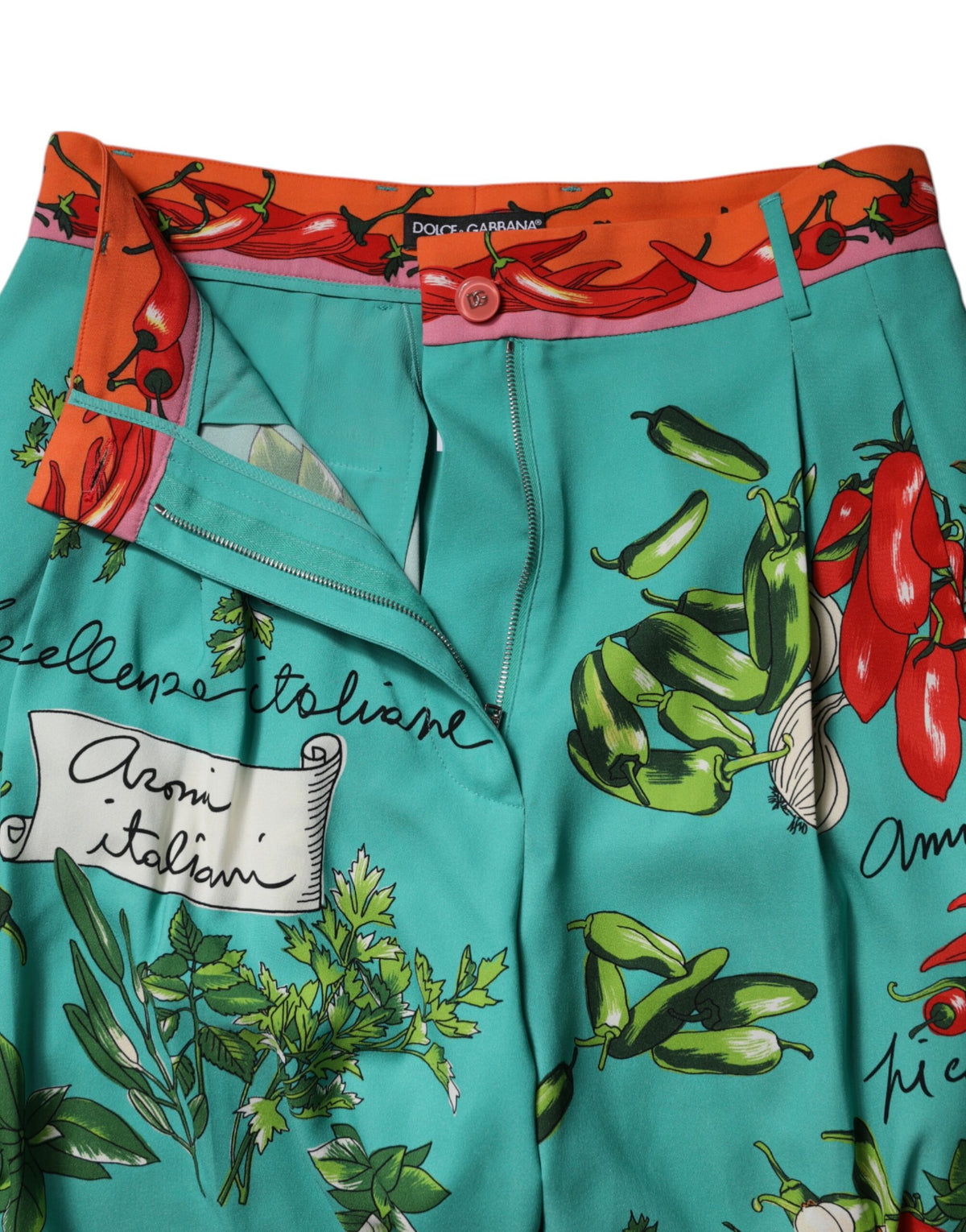 Dolce & Gabbana Grüne High-Waist Seidenhose mit Gemüseprint