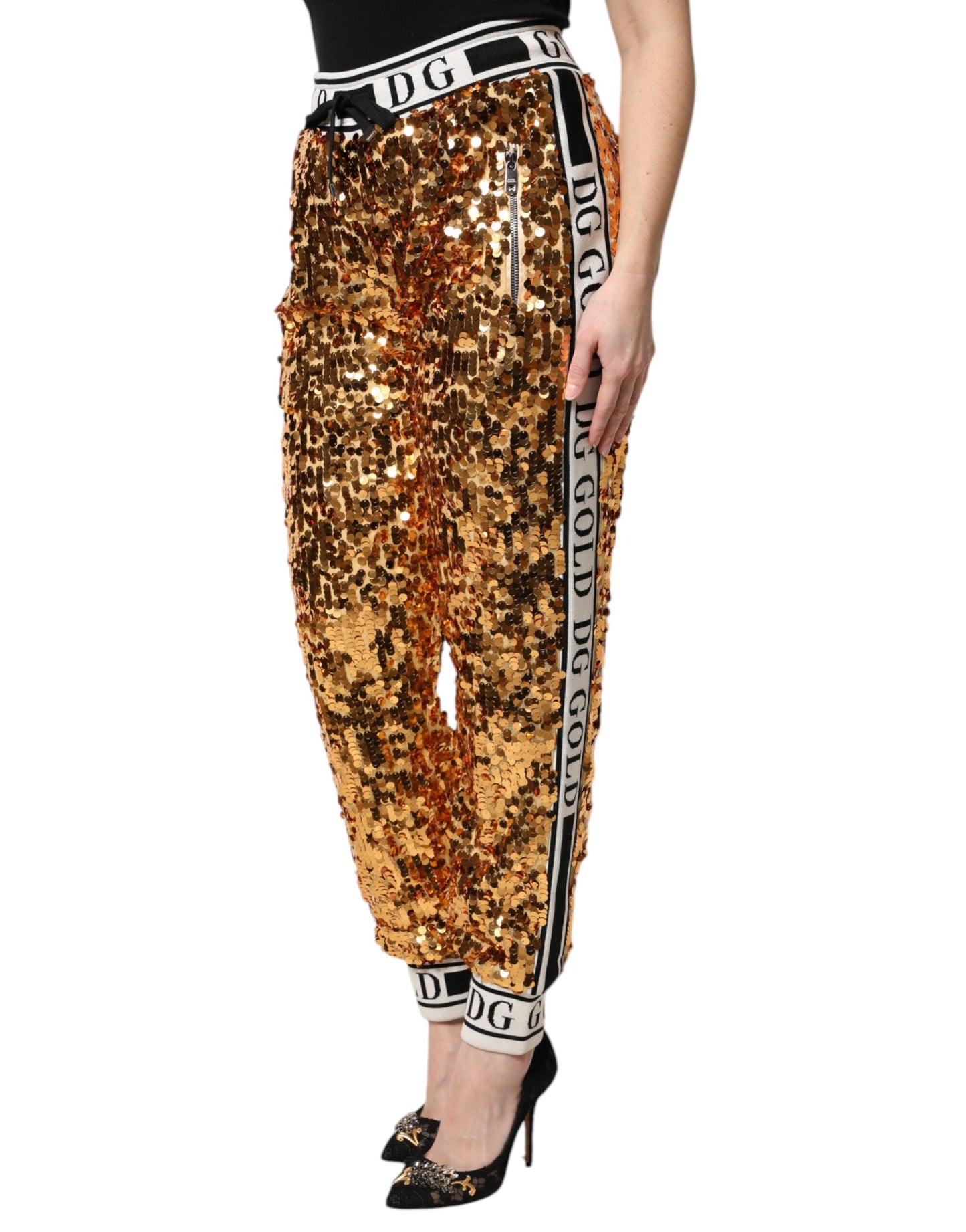 Dolce & Gabbana Metallic-Gold DG Logo Pailletten-Jogger-Hose