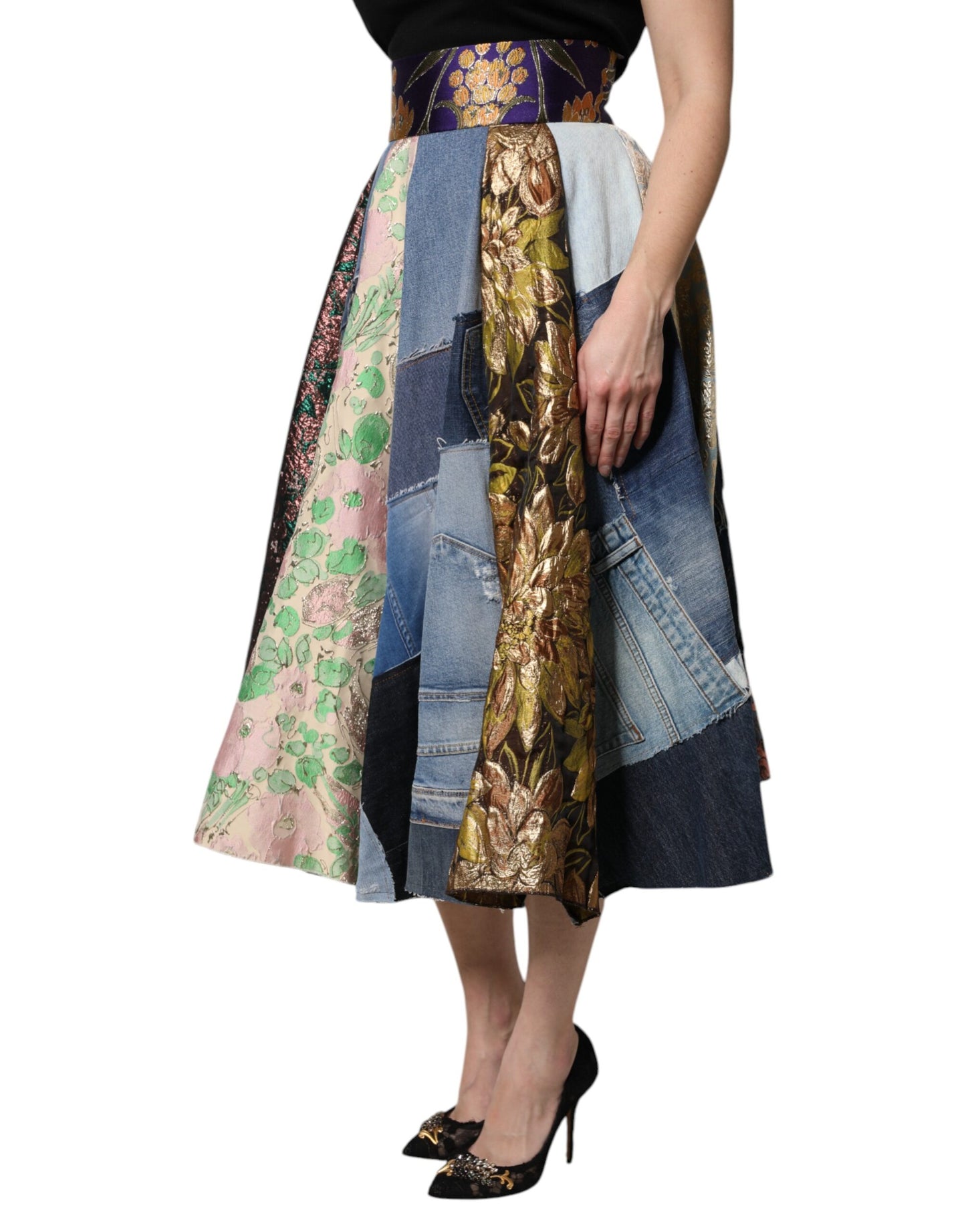 Dolce & Gabbana Multicolor Patchwork Midirock mit hoher Taille