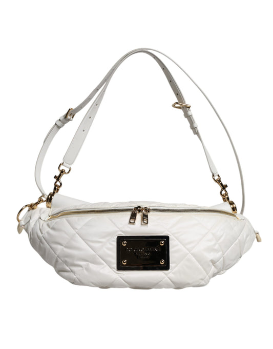 Dolce & Gabbana Marsupio Bianco con Logo con Finitura Trapuntata con Catena in pelle di vitello e nylon e poliestere