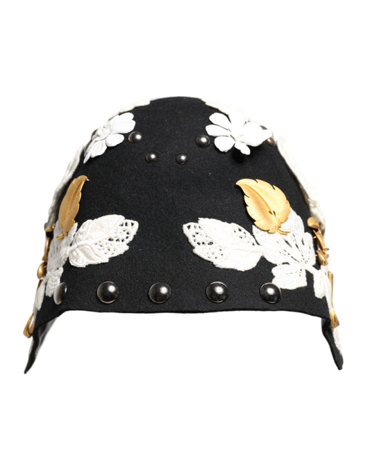 Dolce & Gabbana Schwarzer Woll-Cloche-Hut mit floralen Details
