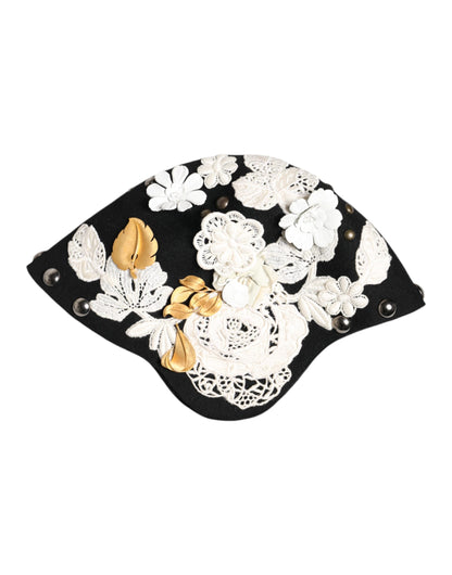 Dolce & Gabbana Schwarz Wolle Weiß Floral Gold Leaf Cloche Hut