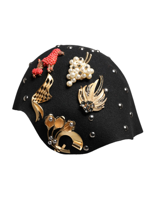 Dolce & Gabbana Schwarzer Woll-Cloche-Hut mit Verzierungen