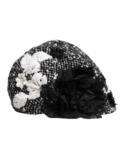 Dolce & Gabbana Schwarz-weißer Cloche-Hut mit Blumenverzierung