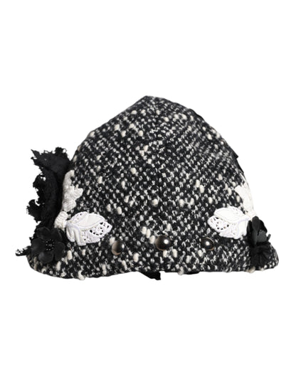 Dolce & Gabbana Cloche-Hut aus schwarzer Wolle mit weißer Blumenverzierung