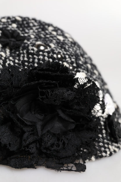 Dolce & Gabbana Cloche-Hut aus schwarzer Wolle mit weißer Blumenverzierung