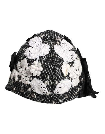 Dolce & Gabbana Schwarz-weißer Cloche-Hut mit Blumenverzierung