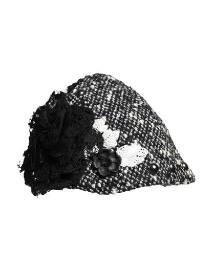 Dolce & Gabbana Cloche-Hut aus schwarzer Wolle mit weißer Blumenverzierung