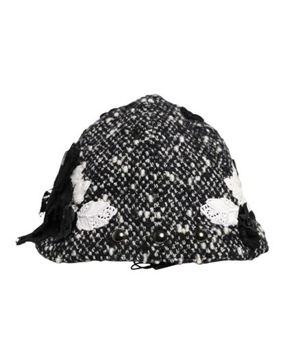 Dolce & Gabbana Cloche-Hut aus schwarzer Wolle mit weißer Blumenverzierung