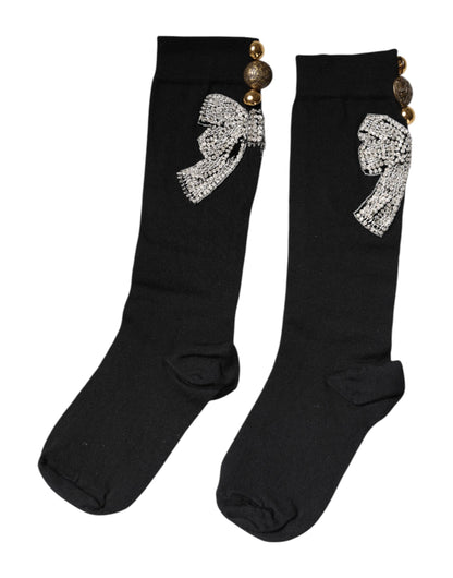 Dolce & Gabbana Calze con motivo floreale con cristalli nere in lana vergine e poliammide e fibra elasticizzata