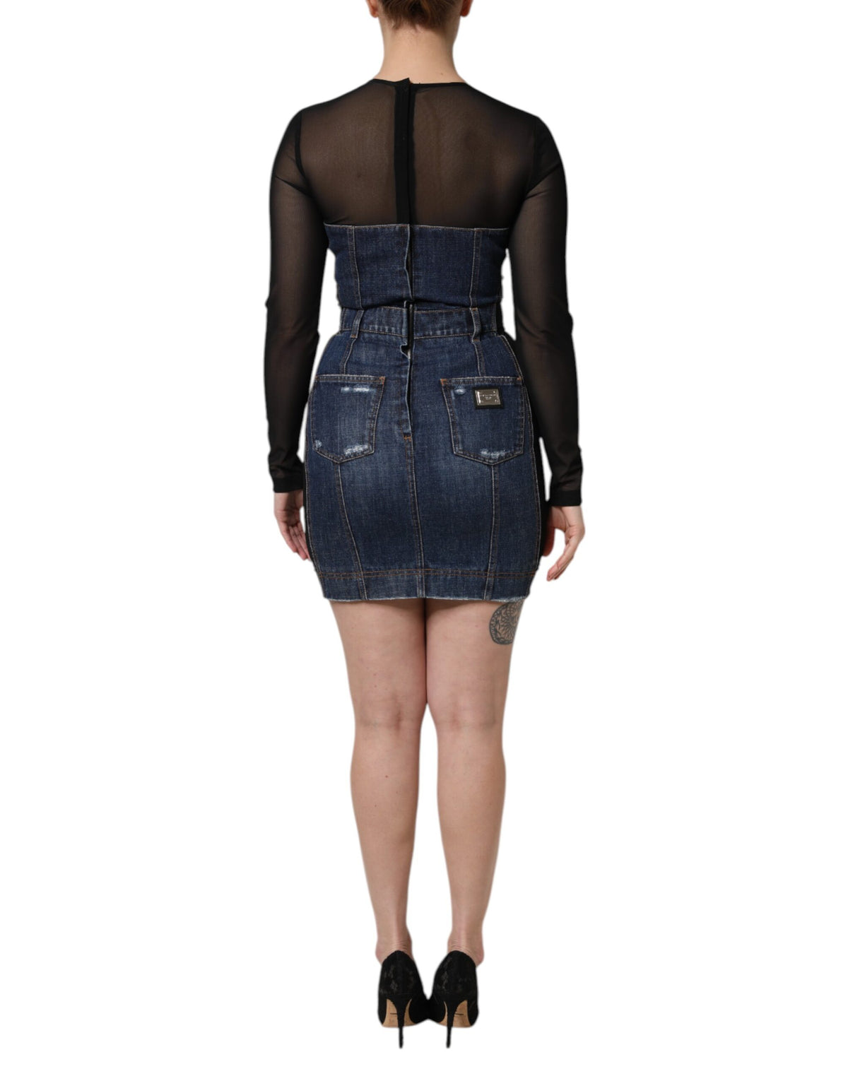 Dolce & Gabbana Mini Abito in Denim Blu e Nero a Maniche Lunghe