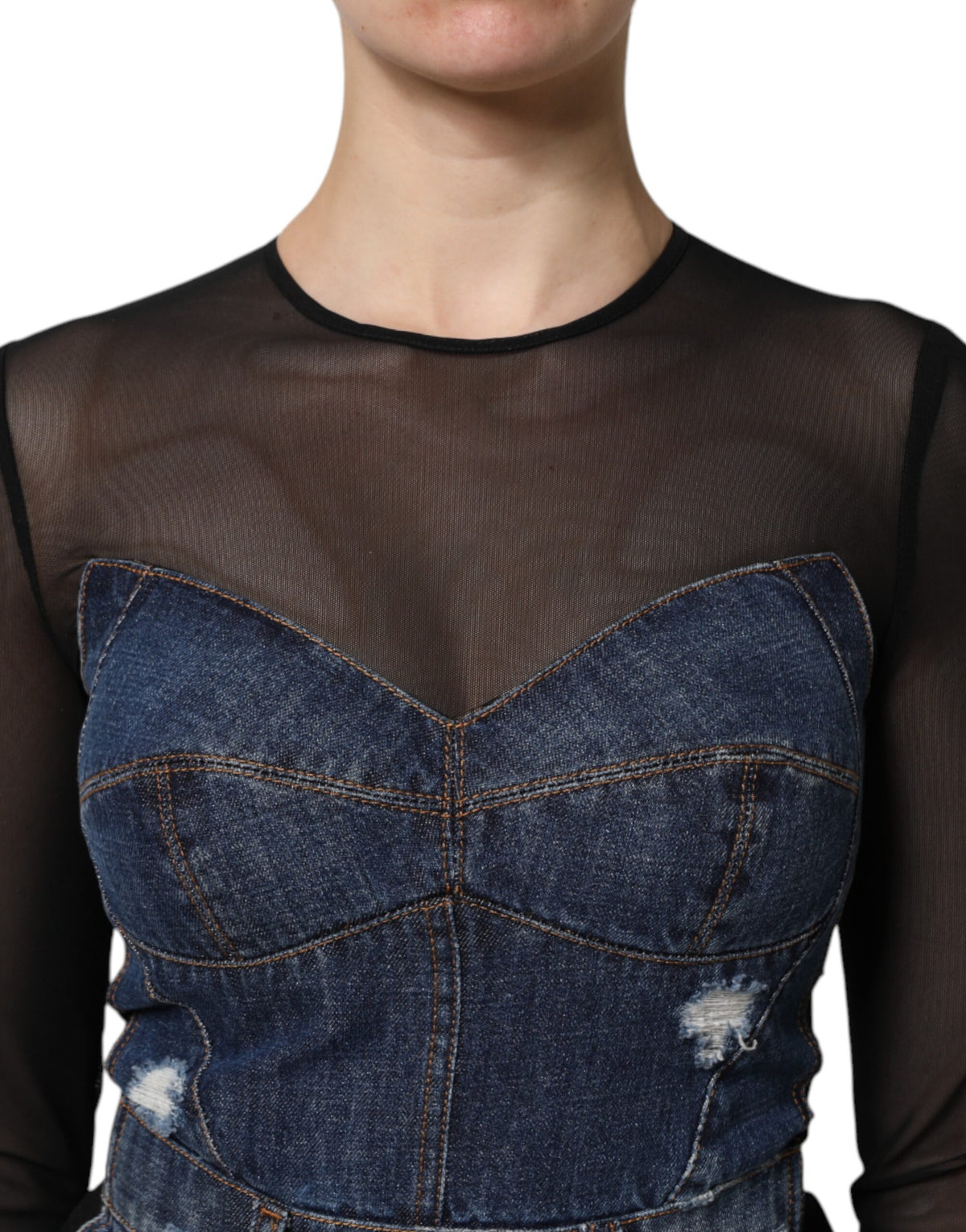 Dolce & Gabbana Mini Abito in Denim Blu e Nero a Maniche Lunghe