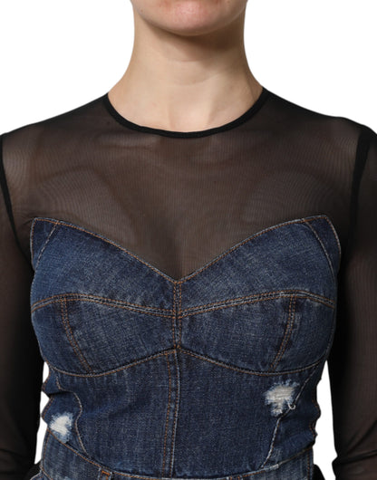 Dolce & Gabbana Mini Abito in Denim Blu e Nero a Maniche Lunghe