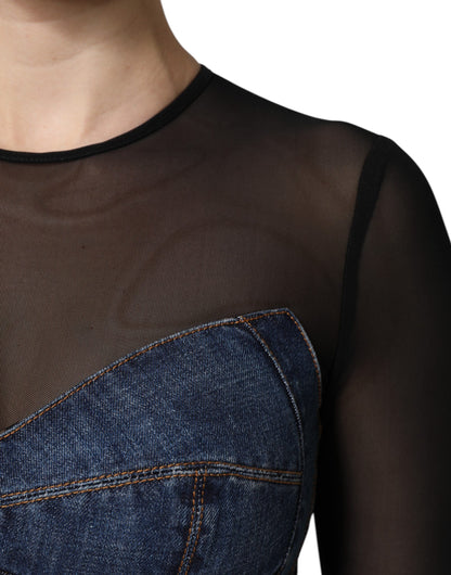 Dolce & Gabbana Mini Abito in Denim Blu e Nero a Maniche Lunghe