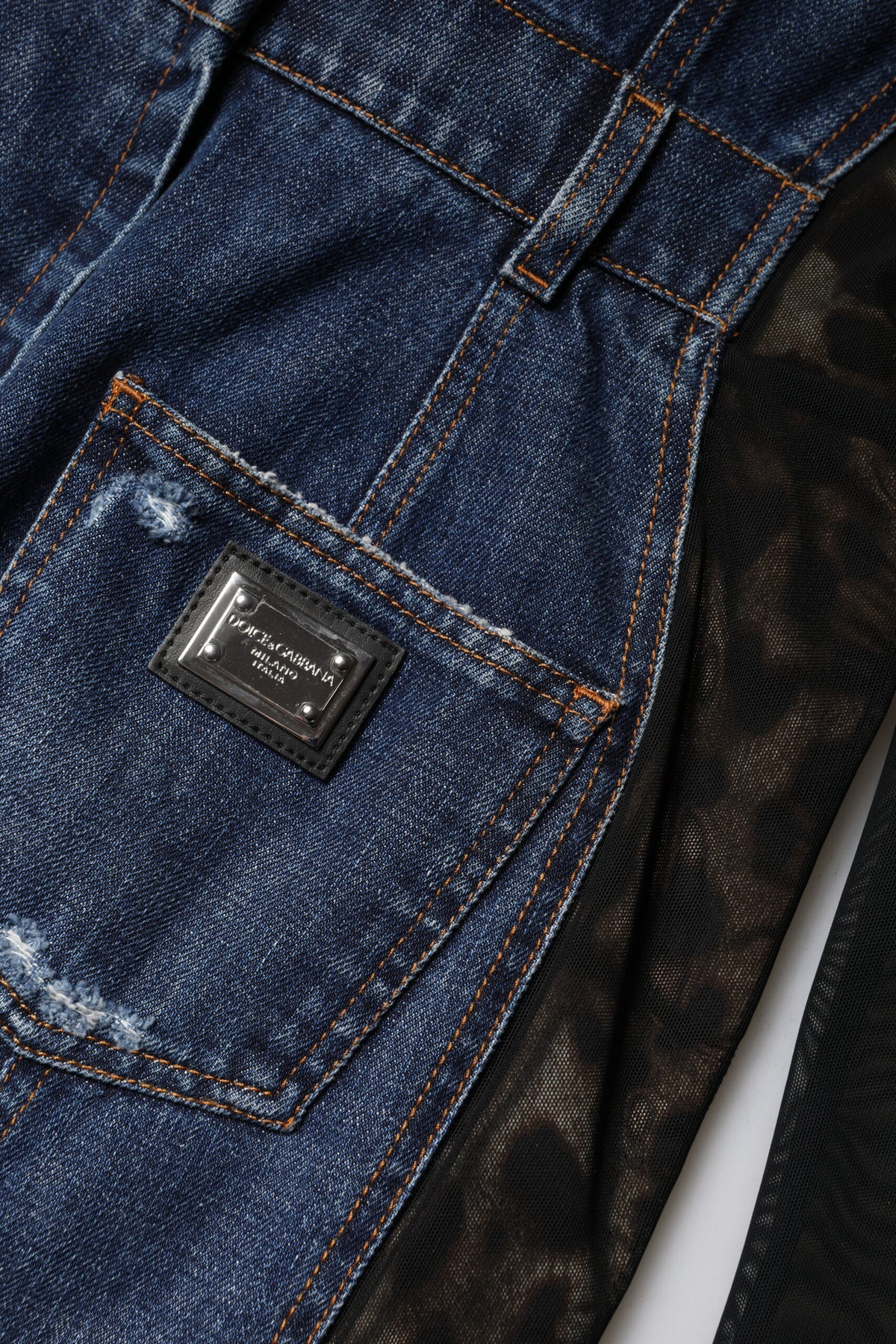 Dolce & Gabbana Mini Abito in Denim Blu e Nero a Maniche Lunghe