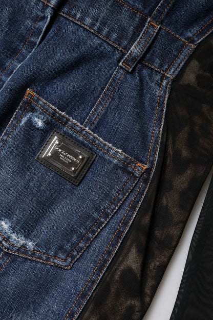 Dolce & Gabbana Mini Abito in Denim Blu e Nero a Maniche Lunghe