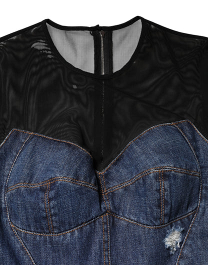 Dolce & Gabbana Mini Abito in Denim Blu e Nero a Maniche Lunghe