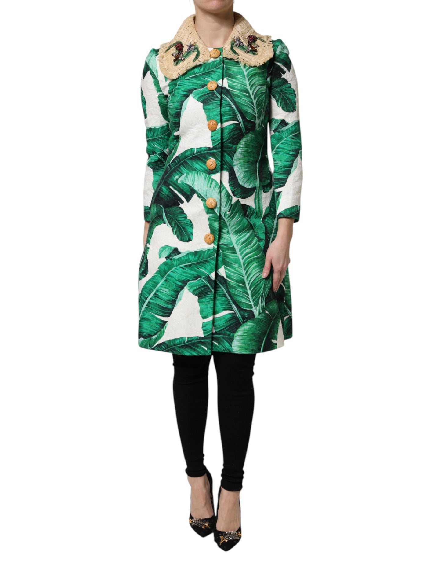 Dolce & Gabbana Multicolor Trenchcoat Jacke mit Blattdruck und Verzierungen