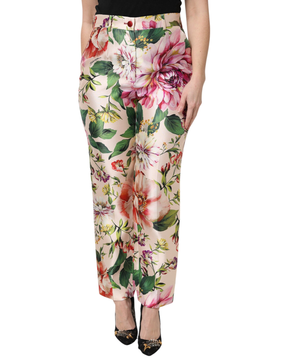 Dolce & Gabbana Mehrfarbige High-Waist Seidenhose mit Blumenprint