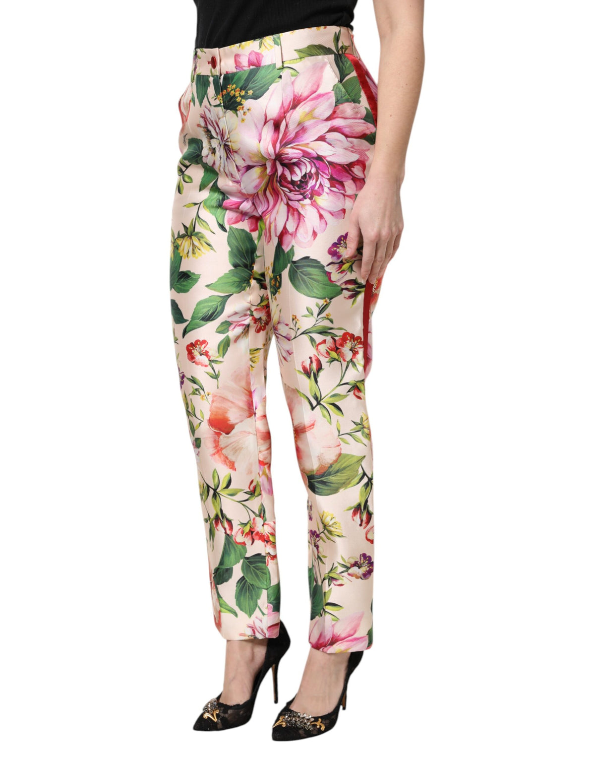 Dolce & Gabbana Mehrfarbige High-Waist Seidenhose mit Blumenprint