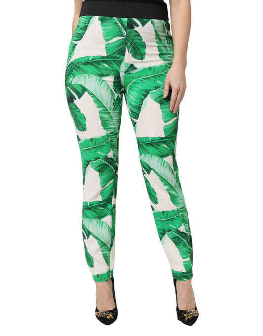 Dolce & Gabbana Weiß-grüne High-Waist Hose mit Blattprint