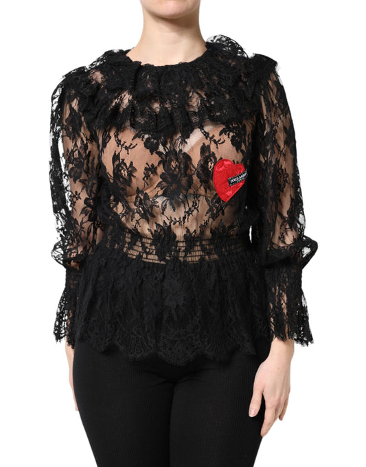 Dolce & Gabbana Schwarze Langarmbluse aus floraler Spitze