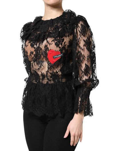 Dolce & Gabbana Schwarze Langarmbluse aus floraler Spitze