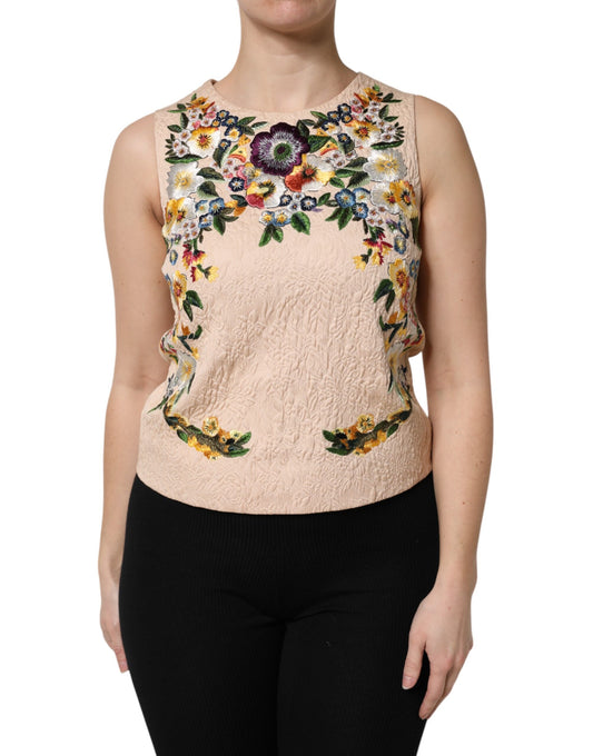 Dolce & Gabbana Beigefarbenes ärmelloses Tank-Top mit Blumenstickerei