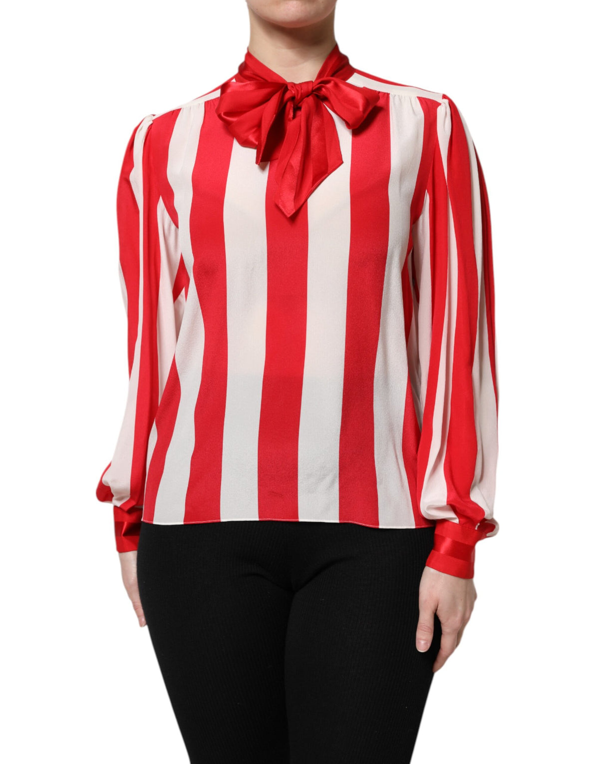 Dolce & Gabbana Rot-weiß gestreifte Seidenbluse mit Ascot-Kragen
