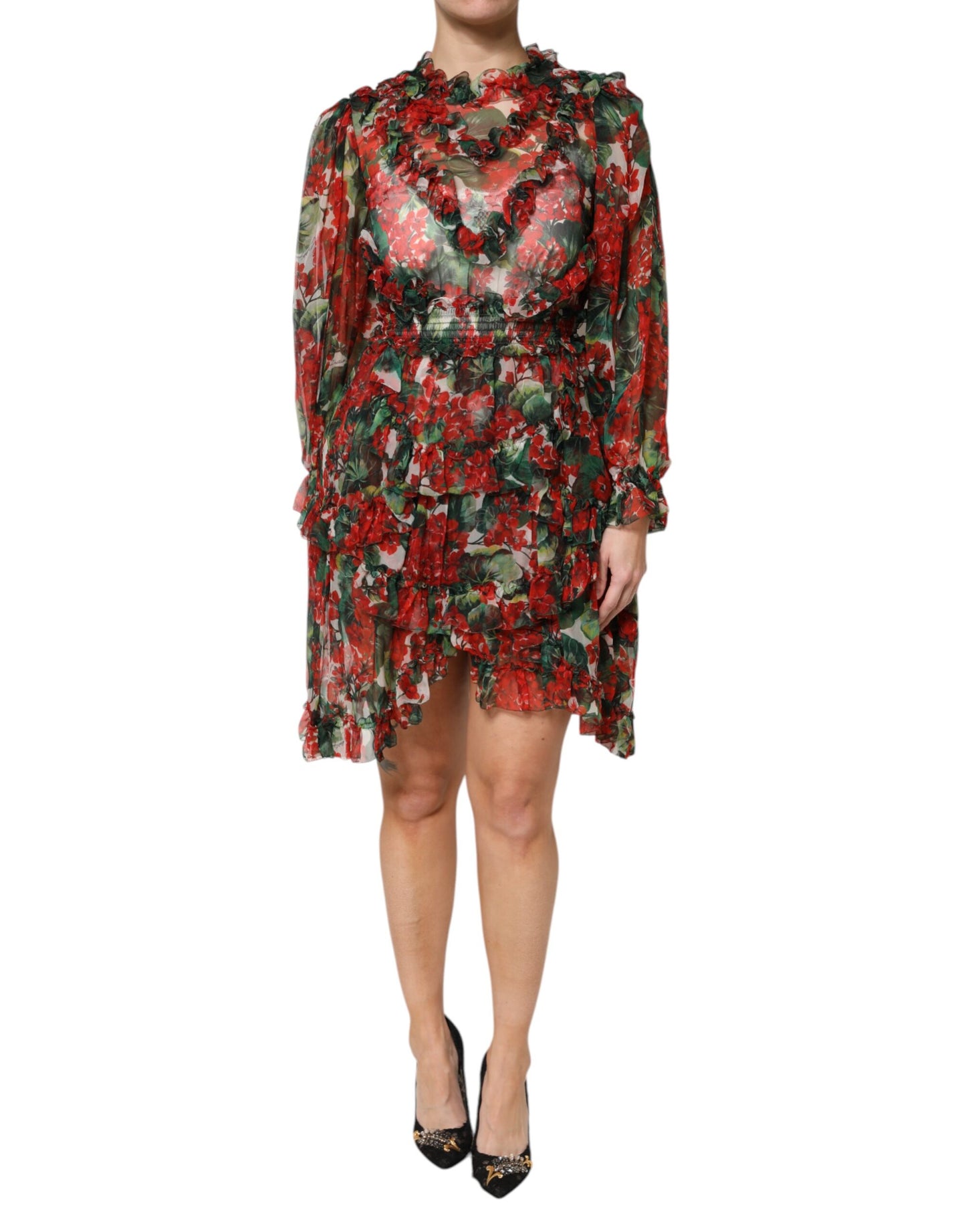 Dolce & Gabbana Multicolor gerafftes Kleid mit langen Ärmeln und Blumen
