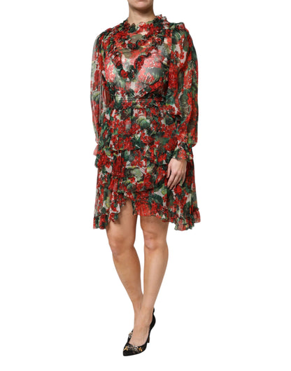 Dolce & Gabbana Mehrfarbiges Seidenkleid mit Blumenprint und Rüschen