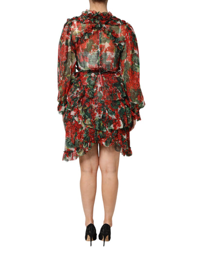 Dolce & Gabbana Mehrfarbiges Seidenkleid mit Blumenprint und Rüschen