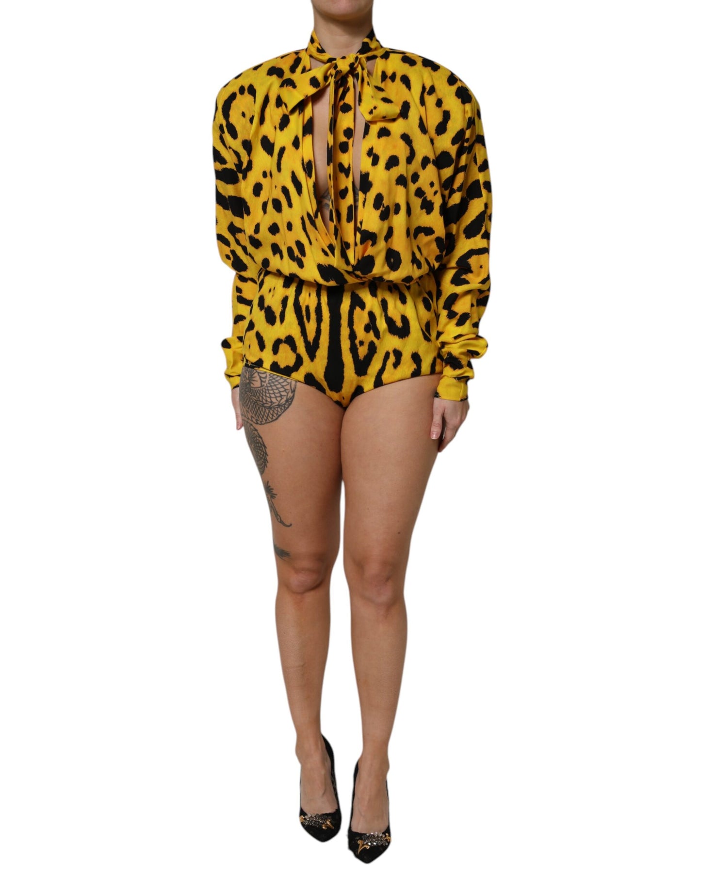 Dolce & Gabbana Gelber Leopard Langärmeliger Jumpsuit Kleid