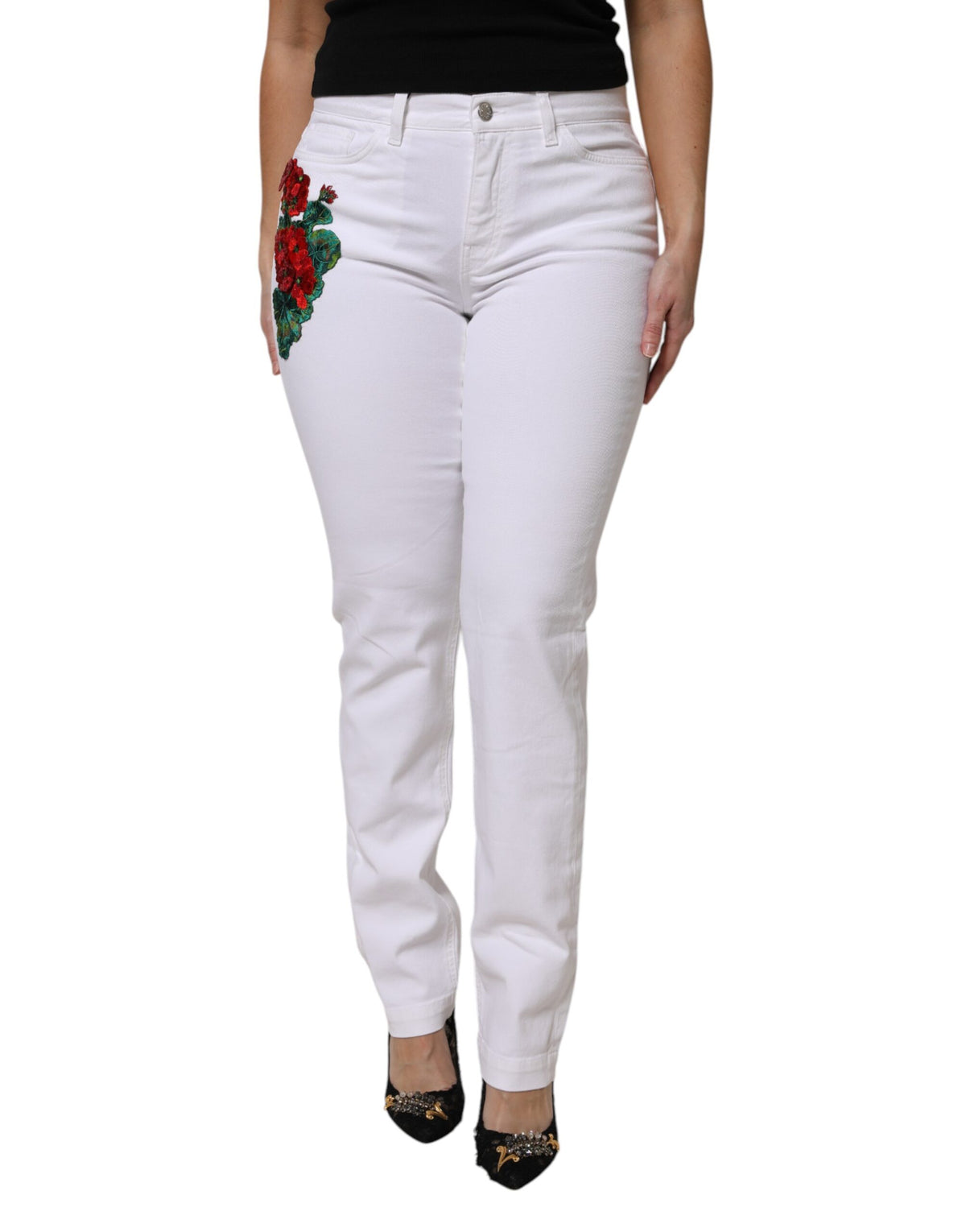 Dolce & Gabbana Weiße GIRLY Jeans mit floralen Pailletten