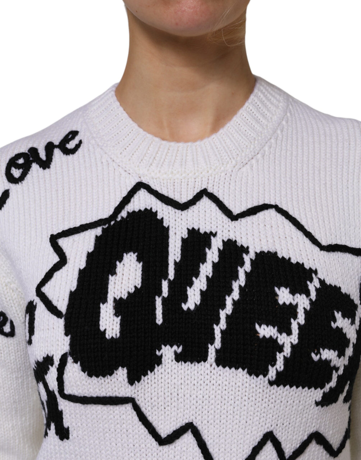 Dolce & Gabbana Weiß-schwarzer Rundhalspullover aus Wolle