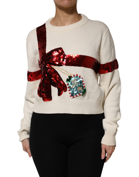 Dolce & Gabbana Weiß-roter Kaschmirpullover mit Pailletten