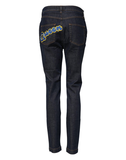Dolce & Gabbana AUDREY Dunkelblaue Mid-Waist Skinny Jeans mit Queen-Patch