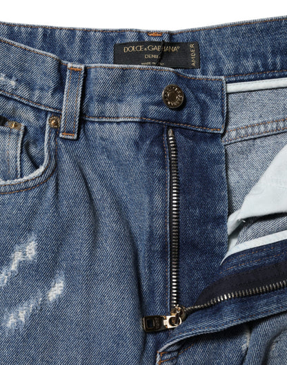 Dolce & Gabbana Blaue zerrissene Denim-Jeans mit hoher Taille aus Baumwolle