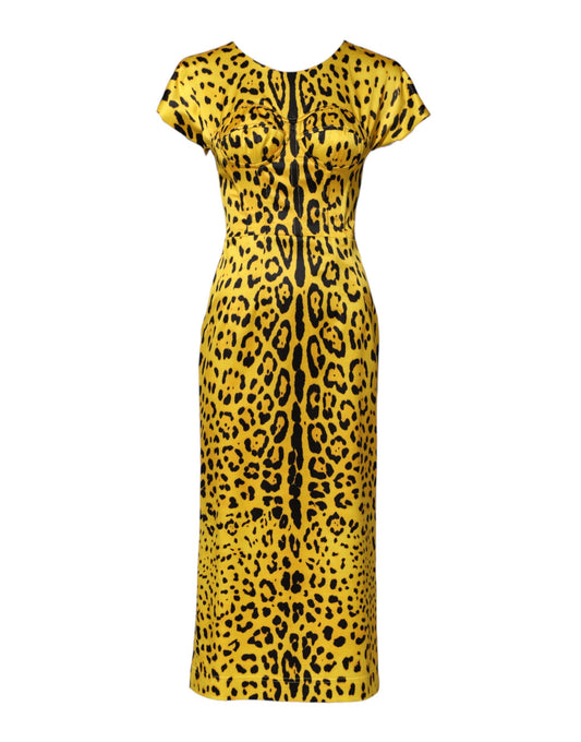 Dolce & Gabbana Yellow Polyester Leopard Print Midi Sheath Dress