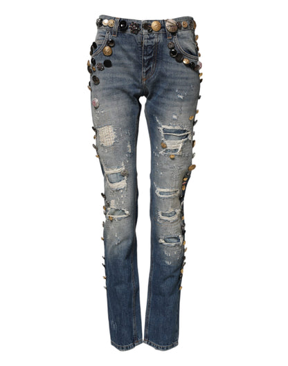Dolce & Gabbana Blaue Distressed Skinny Jeans mit Verzierungen