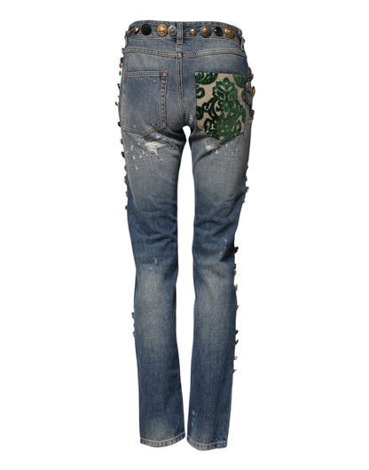 Dolce & Gabbana Blaue Distressed Skinny Jeans mit Verzierungen