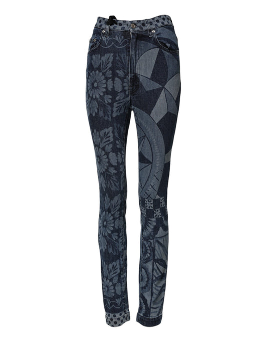 Dolce & Gabbana Blaue Grafikdruck-Baumwoll-Skinny-Denim-Jeans