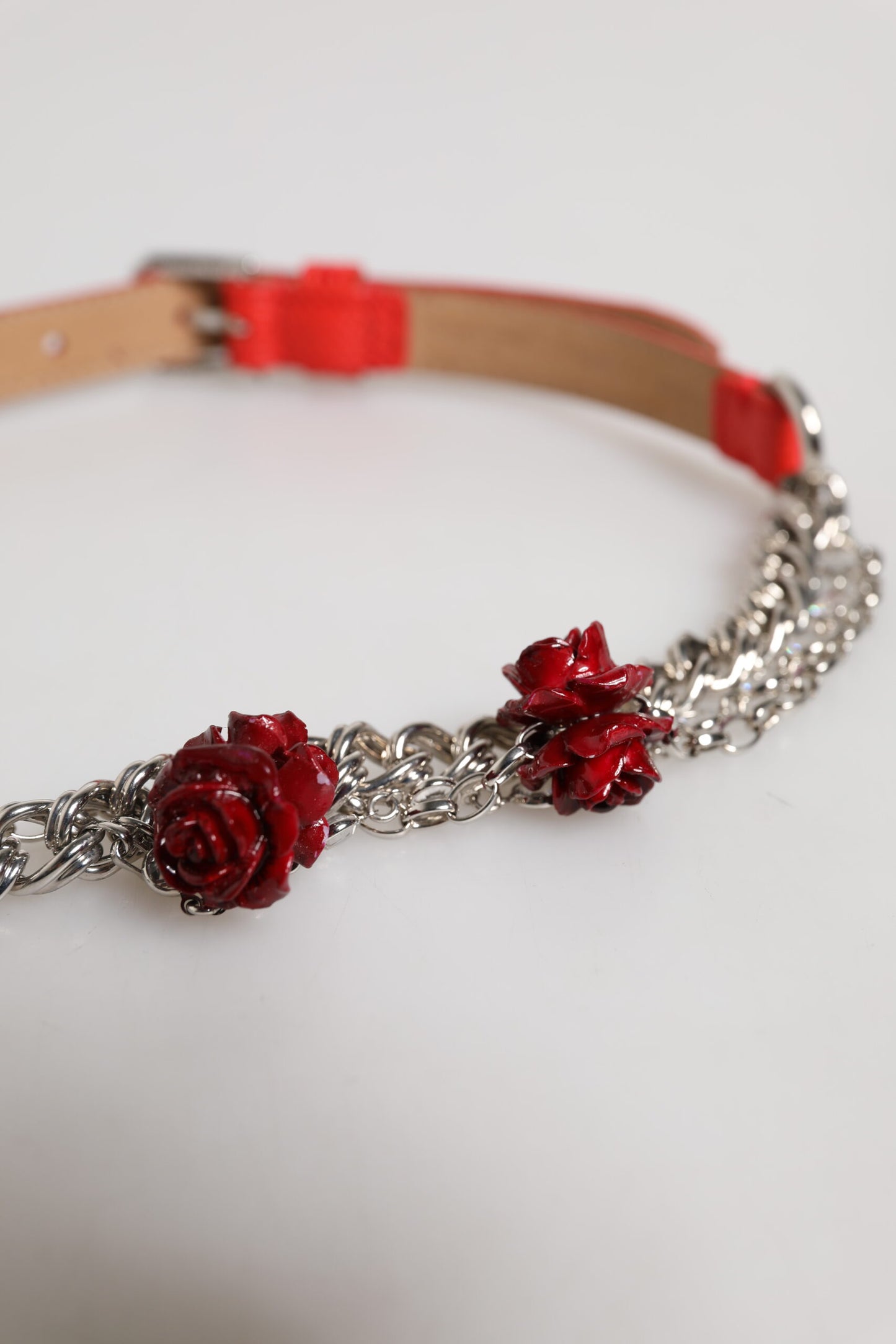 Dolce & Gabbana Roter Leder Silber Kette Floral Cintura Gürtel