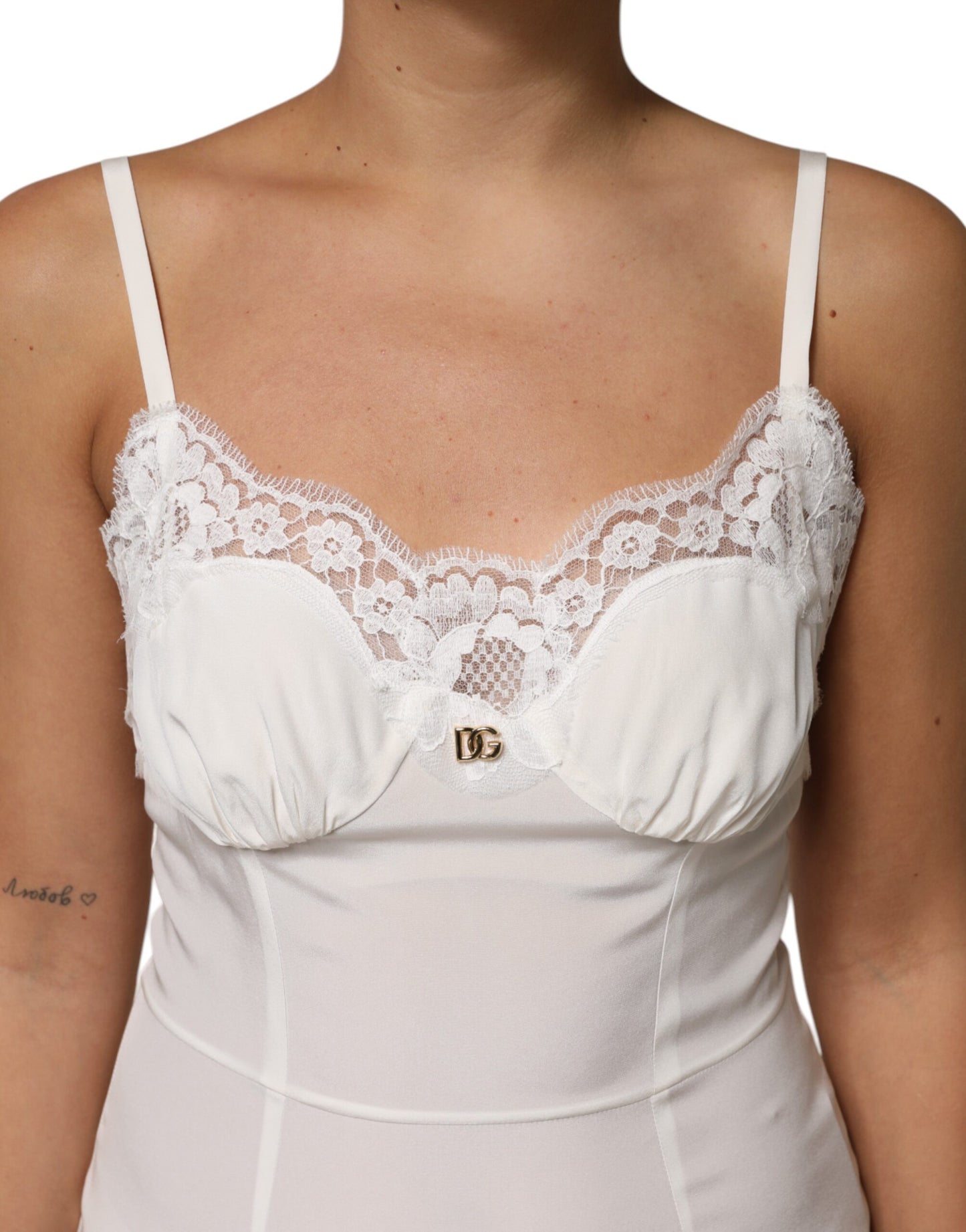 Dolce & Gabbana Weißes DG Logo-Spitzenkleid aus Seide Nachtwäsche