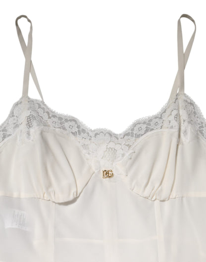 Dolce & Gabbana Weißes Spitzenkleid mit goldenem DG-Logo aus Seide Nachtwäsche