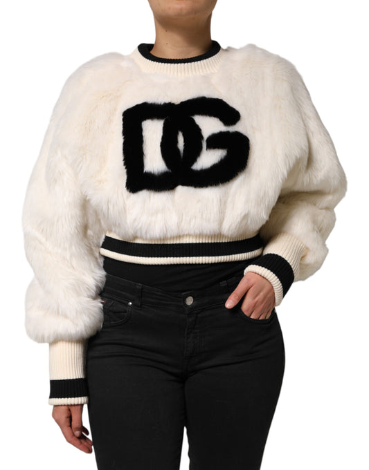 Dolce & Gabbana Weiß-schwarzer Cropped Pullover aus Kunstfell
