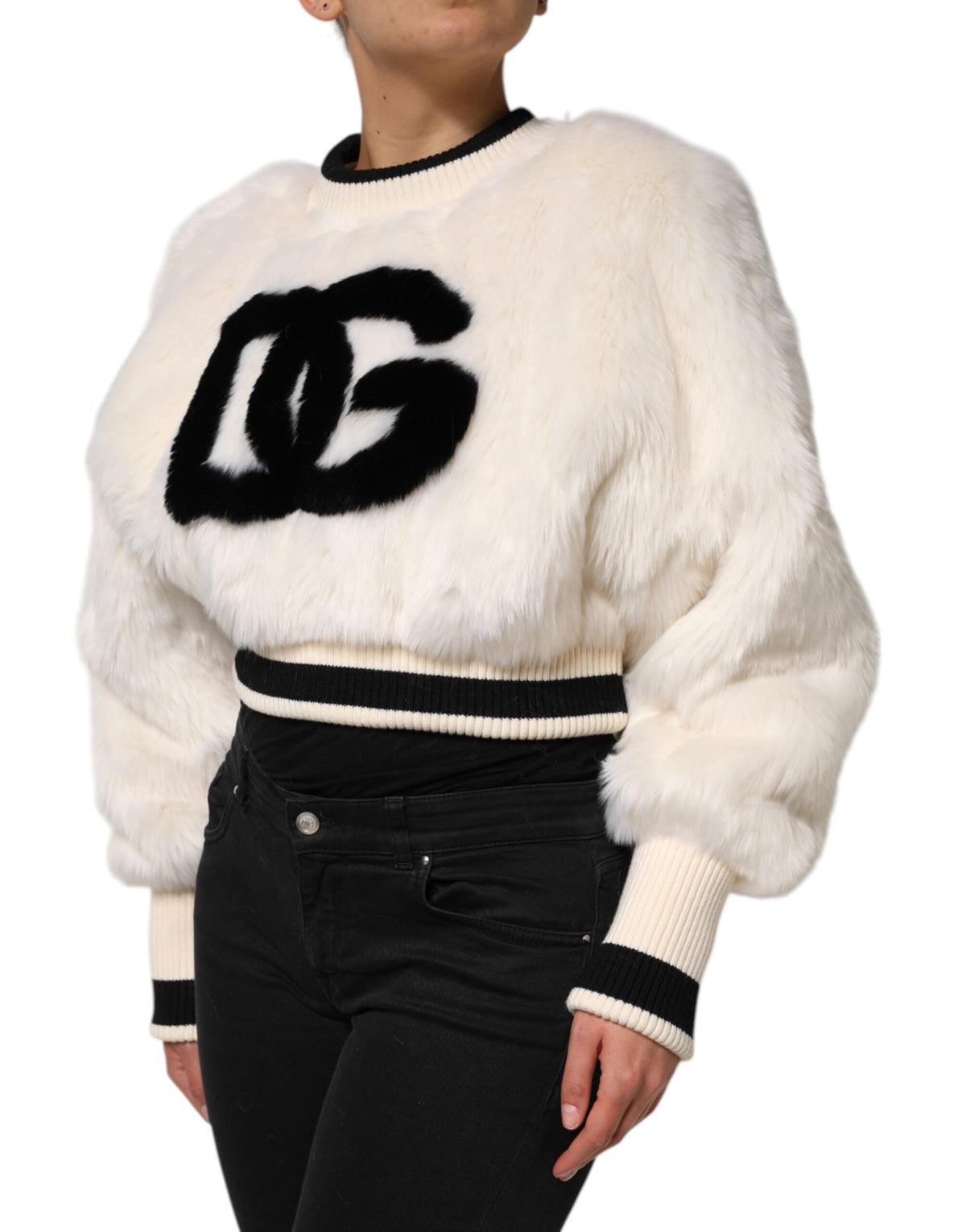Dolce & Gabbana Weiß-schwarzer Cropped Pullover aus Kunstfell