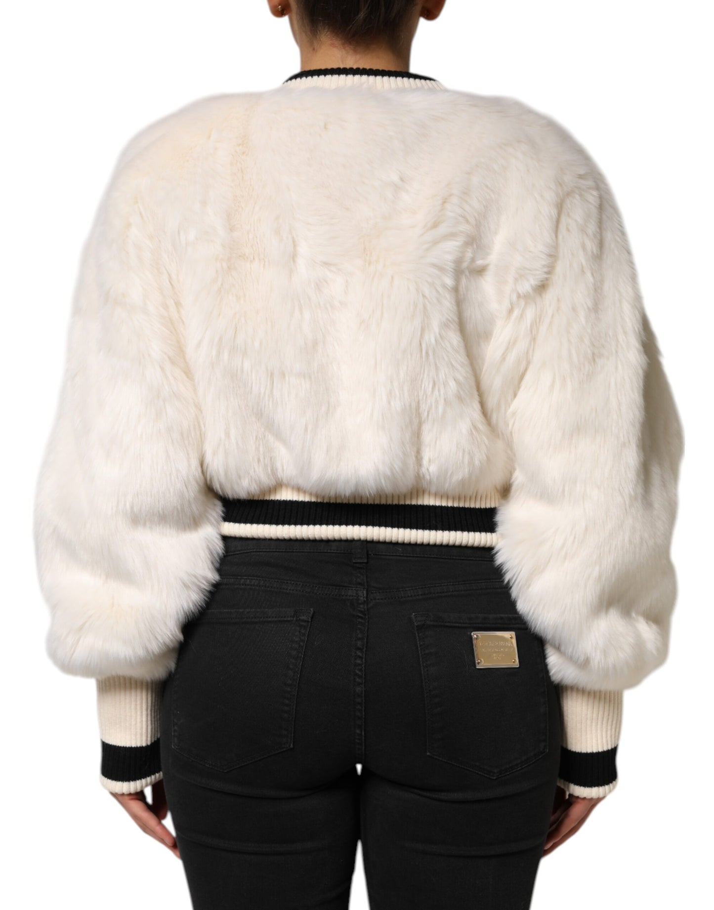 Dolce & Gabbana Weißer Cropped DG Sweatshirt Pullover aus Kunstfell