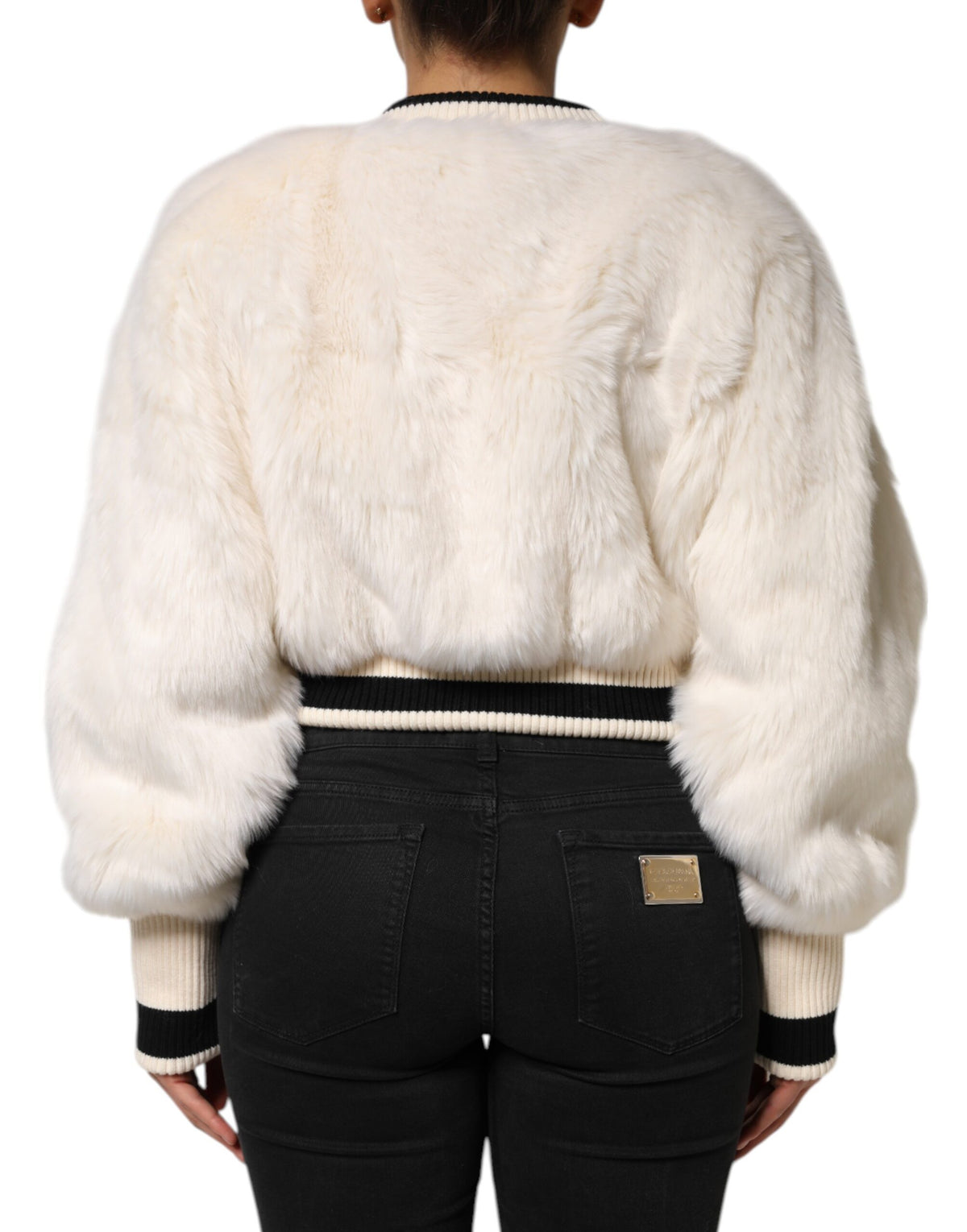 Dolce & Gabbana Weiß-schwarzer Cropped Pullover aus Kunstfell